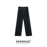DEESDAIL早秋蓝色口袋直筒牛仔裤百搭显瘦裤子宽松女装K107
