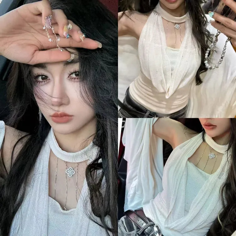 链条荡领挂脖吊带背心设计感辣妹小上衣