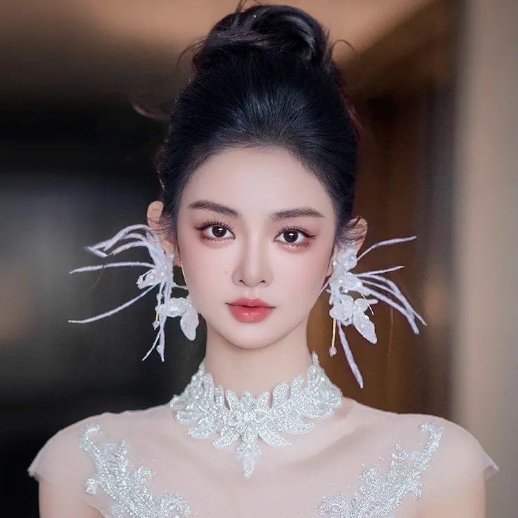 非金属羽毛耳饰 新娘蕾丝羽毛流苏耳环精致耳夹高级感长款342492