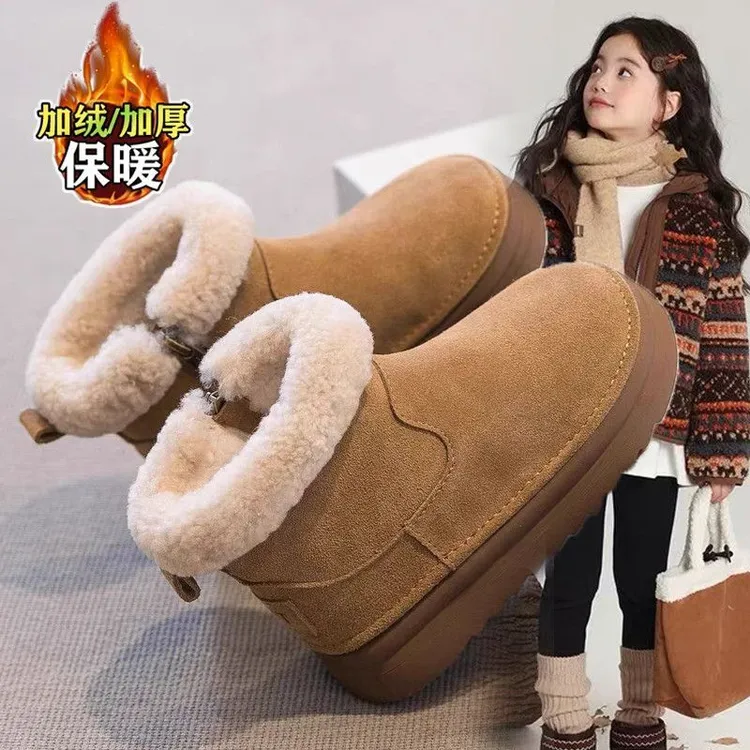 女童雪地靴加绒加厚冬季保暖棉靴儿童短筒靴子女孩软底防滑大棉鞋