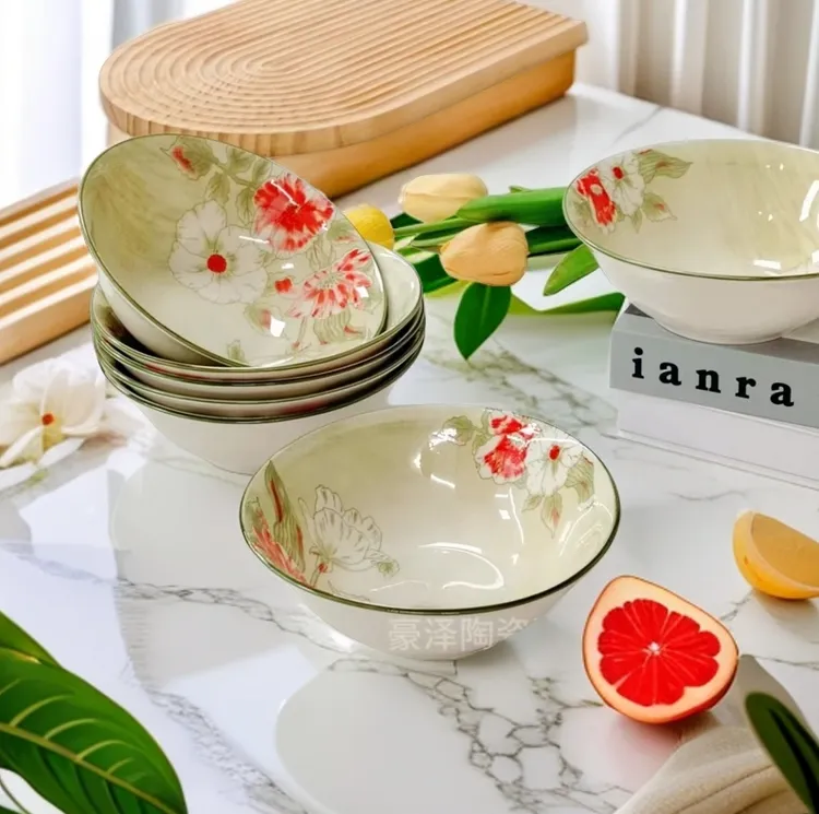 15厘米家用釉下彩花开6英寸斗碗4个装中式陶瓷复古面碗碗家用饭碗