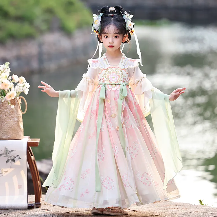 99571女童汉服儿童连衣裙短袖古装中国风唐装襦裙洋气公主裙子