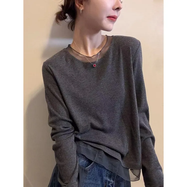 木耳边领长袖衣服打底衫上衣女2025秋冬新款设计感拼接磨毛内搭衫