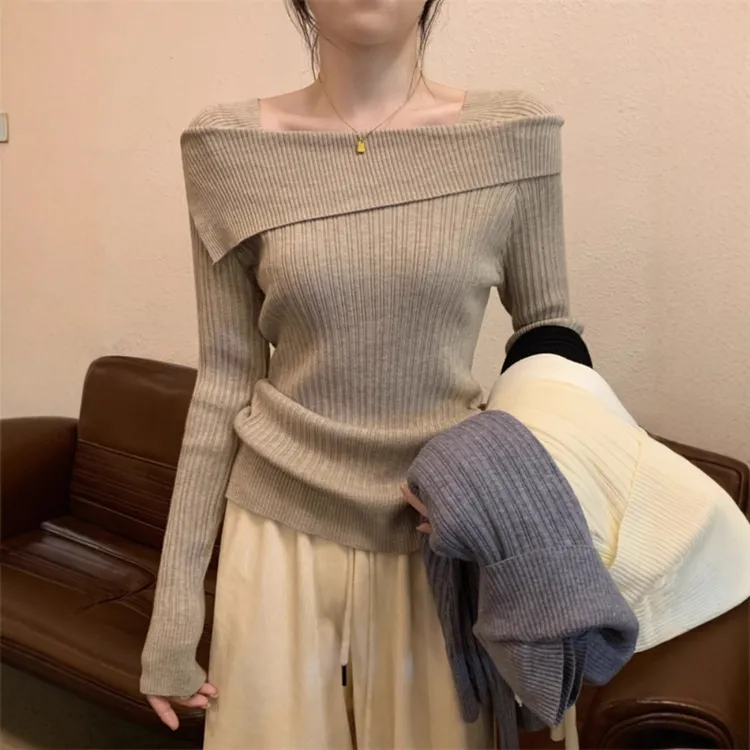 一字肩针织打底衫女春秋冬不规则内搭高腰正肩锁骨长袖上衣抗皱