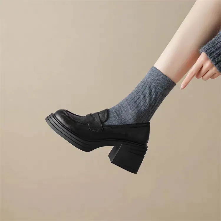 复古乐福鞋女2024年秋季新款粗跟小个子厚底圆头做旧浅口高跟单鞋