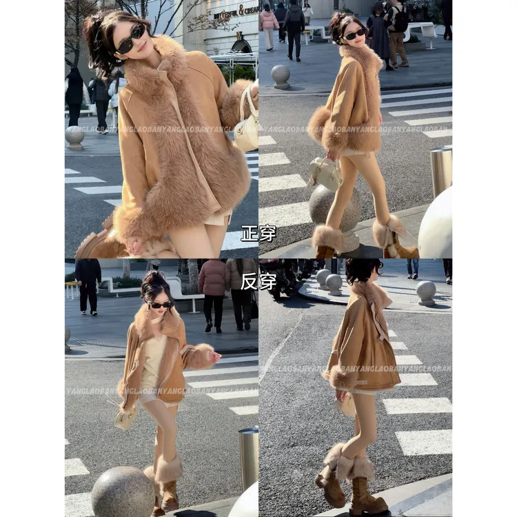 秋冬季2025新款中长款皮毛一体两面穿麂皮绒环保毛高端大气外套女