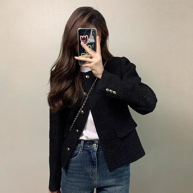 法式黑色小香风外套女小个子2025春秋新款高级感短款气质复古上衣