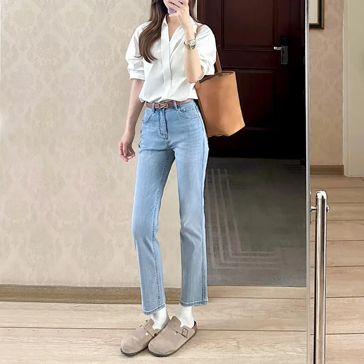 牛仔裤女夏薄款2025年新款小个子烟管高腰显瘦法棍九分浅色直筒裤