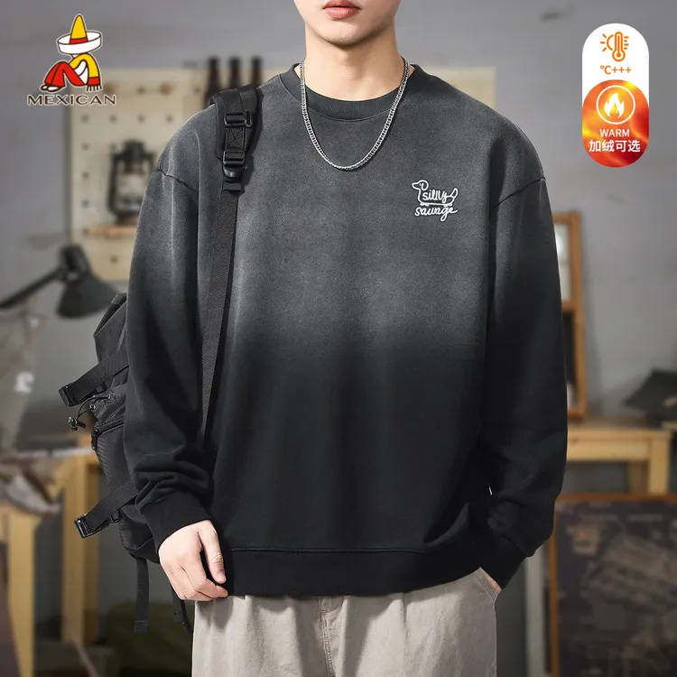 Mexican/稻草人420g重磅加绒卫衣男款冬季高级感长袖上衣渐变外套