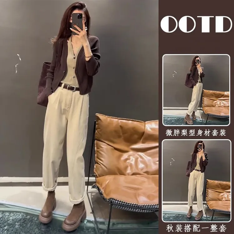 秋季穿搭一整套女2025新款洋气减龄拼接假两件针织开衫裤子两件套