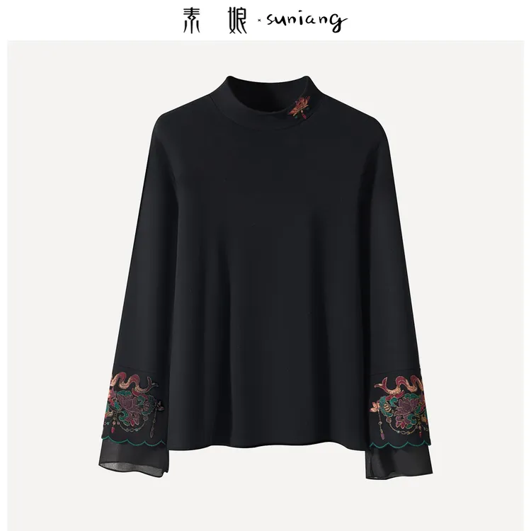 素娘民族风半高领加绒加厚复古重工绣花T恤打底衫中式韵味S26797D