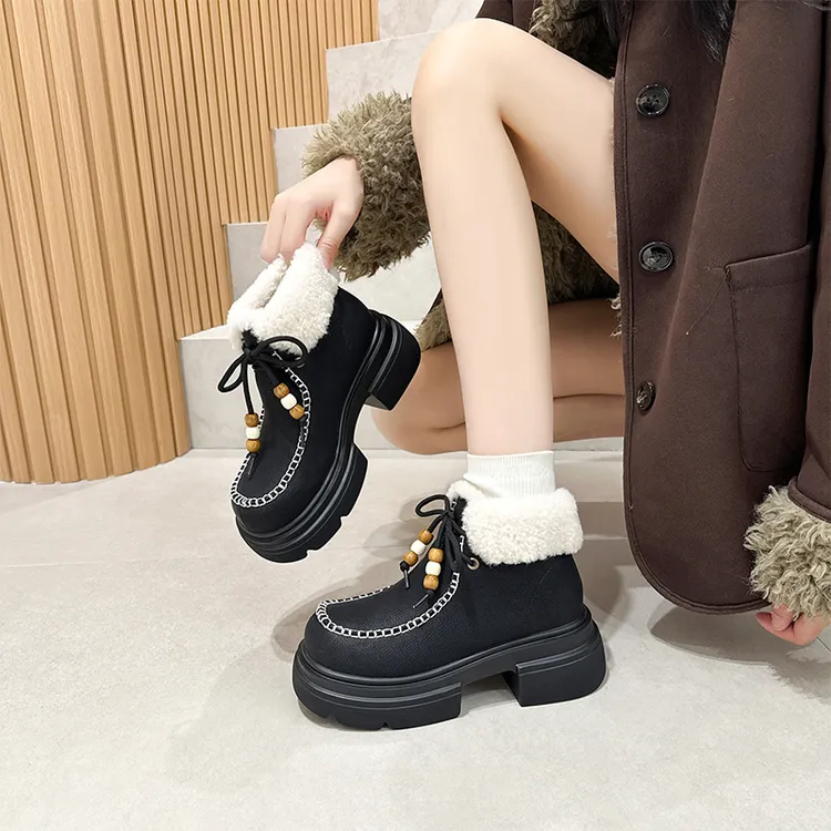 2025冬新款小码女鞋32 33厚底马丁靴加绒短靴小个子增高保暖棉鞋
