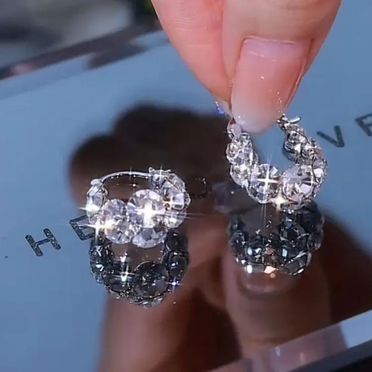 925银耳饰 防过敏精致超闪满钻圈圈耳扣耳环2024新款日常通勤简约