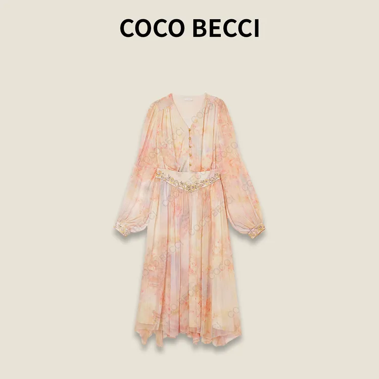 COCO BECCI【彩虹】法式V领印花套装YT24YSU540011AB