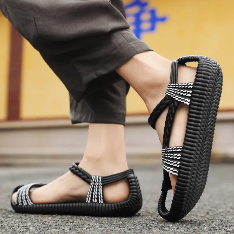 夏天情侣款草编凉拖鞋大码时尚外穿套脚包头拖鞋户外沙滩凉鞋