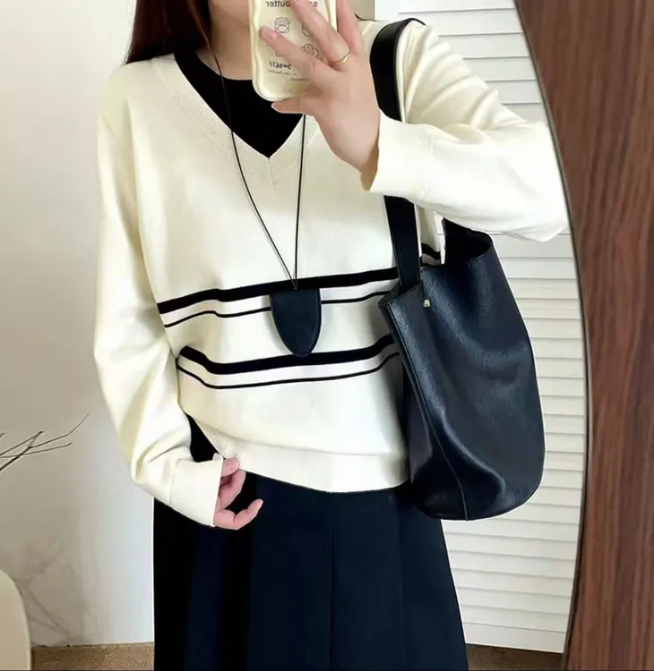 （G695）大码女装2025秋季新款时尚百搭条纹假两件针织宽松显瘦上衣