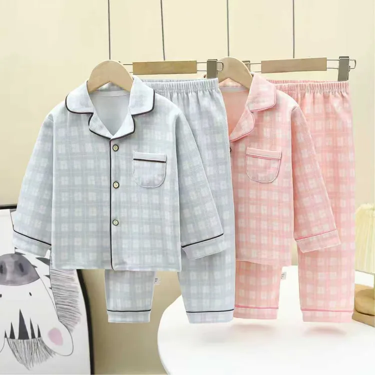 2025秋季舒绒翻领家居服 中大童儿童长袖格子套装