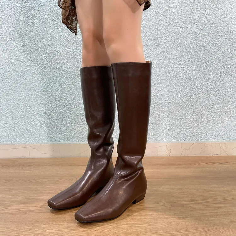 长筒靴女新款百搭通勤简约复古美拉德靴子粗跟小方头靴子女长筒靴