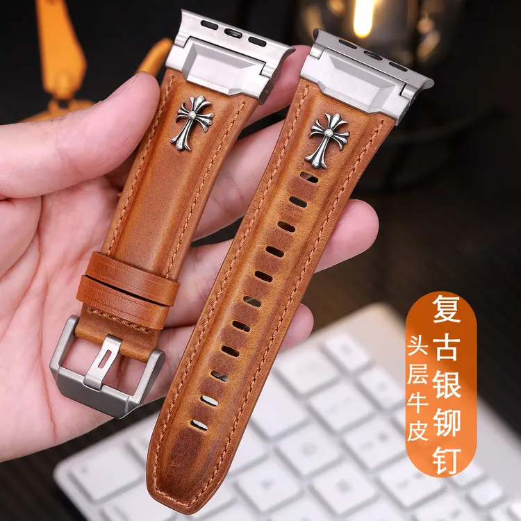 星图925银铆钉疯马纹加宽头层牛皮9苹果手表带10iwatch11ultra49