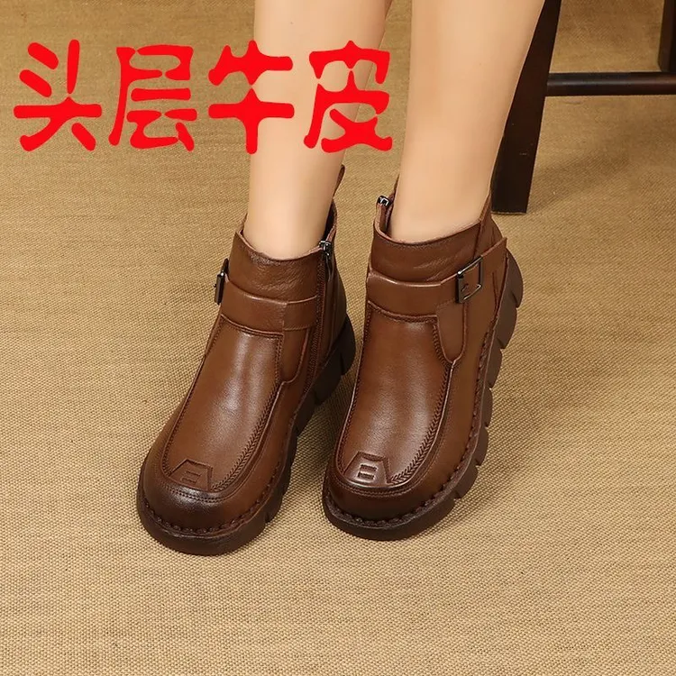 靴子女冬季新款真皮马丁靴复古休闲厚底短靴软底全牛皮妈妈鞋厚棉