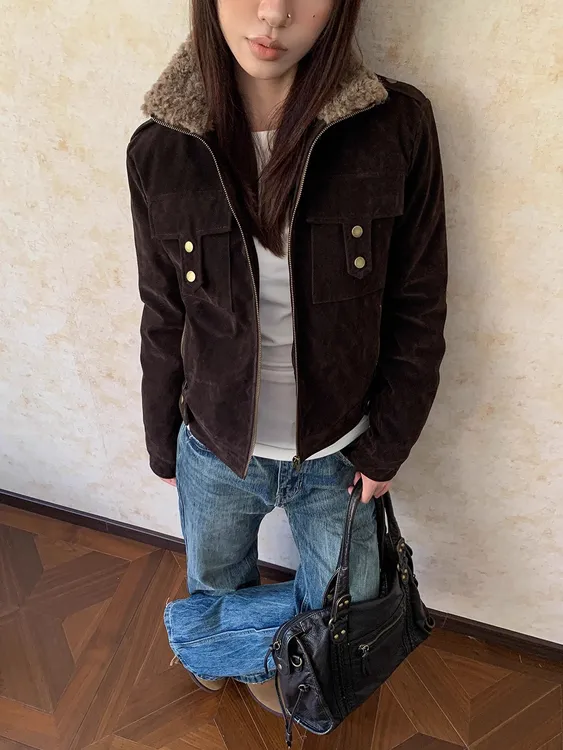 BINXLAN美式街头毛绒翻领高级感短款棉服辣妹修身夹棉工装外套女