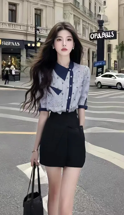 轻奢减龄时尚女装条纹不规则衬衫修身上衣+高腰百搭半身裙两件套