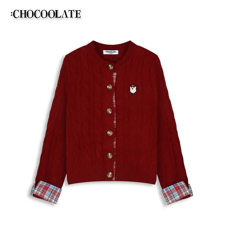 it：CHOCOOLATE复古学院风撞色格纹拼接麻花毛衣外套CCLKNXKL02770