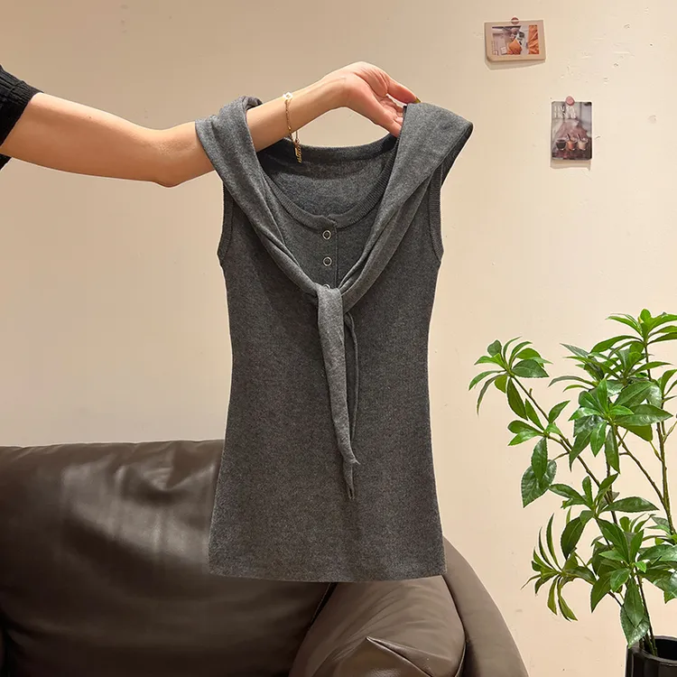 韩系灰色系带设计感冰丝凉感针织衫女士夏季新款百搭修身显瘦上衣