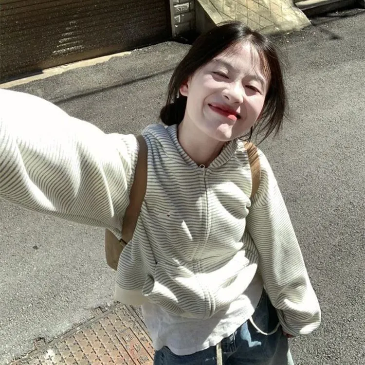 条纹开衫卫衣外套女春秋美式复古慵懒风韩版连帽拉链oversize上衣