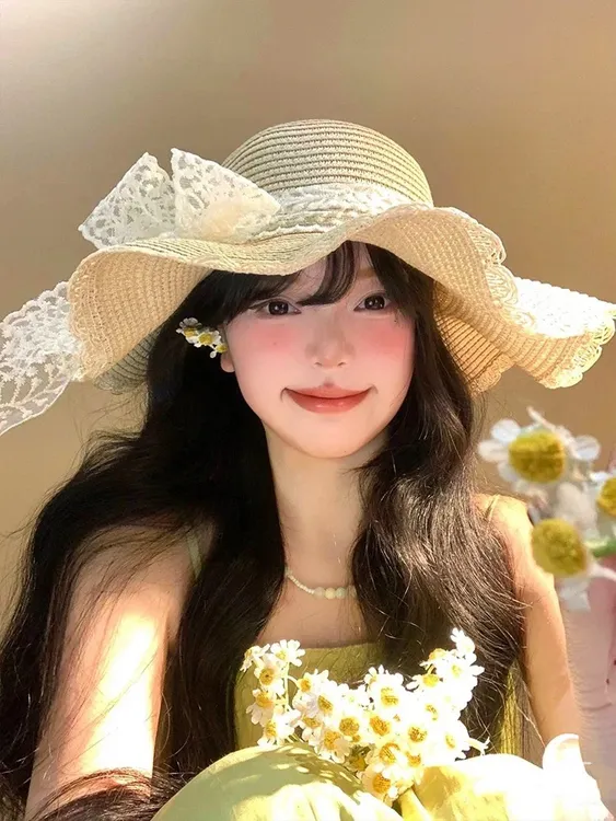 【有运补】25春夏新款蝴蝶结蕾丝大帽檐草帽女法式防晒帽海边沙滩帽