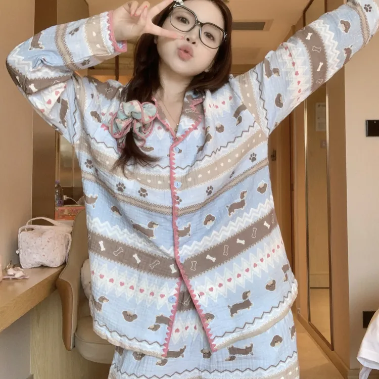 大码卡通腊肠狗睡衣长袖长裤套装春秋女款2025新款宽松家居服套装