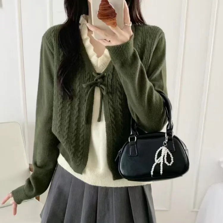 502#【衣长55】V领毛针织衫红色V领女款毛衣外套拼接显高针织圆领