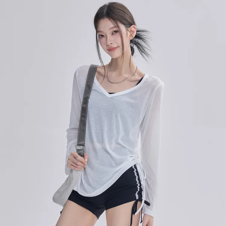 宽松薄款瑜伽服罩衫女透气速干运动T恤V领抽绳显瘦跑步健身服长袖