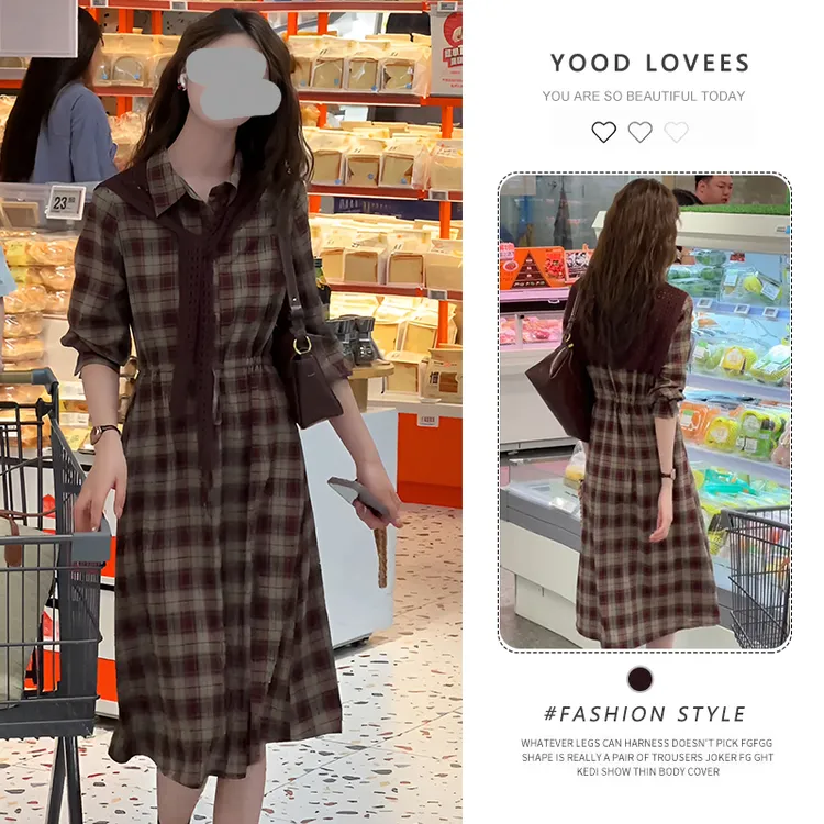 春秋季新款衬衫裙宽松慵懒盐系轻熟风减龄长款收腰复古格子连衣裙