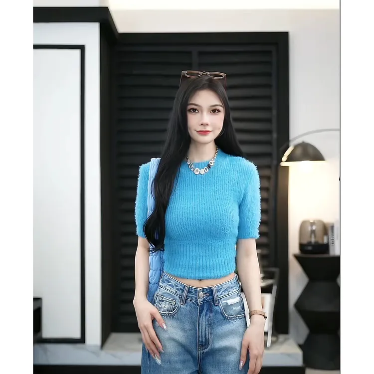 【TO&HR.GIRL】THCB08H-蓝色针织衫女夏季设计感修身薄款上衣