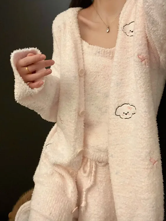 【DMXJ大梦想家】气质温柔甜美半边绒睡衣女秋冬宽松保暖家居服套装