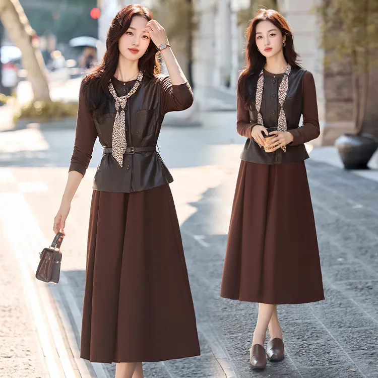 复古港风PU皮马甲套装女2025春秋新款高级感时尚气质连衣裙两件套