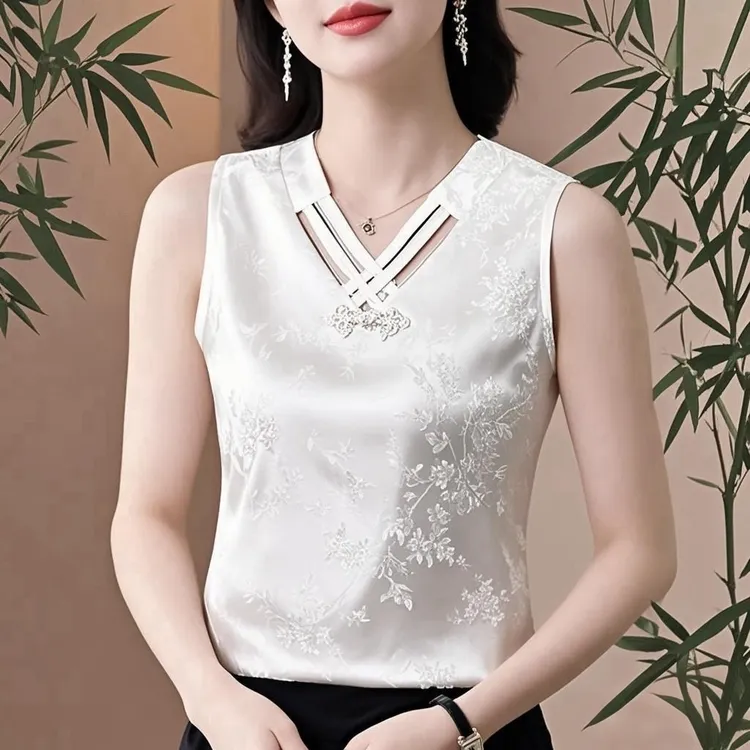 新中式国风女外穿夏大码显瘦缎面蕾丝提花打底衫无袖v领内搭上衣