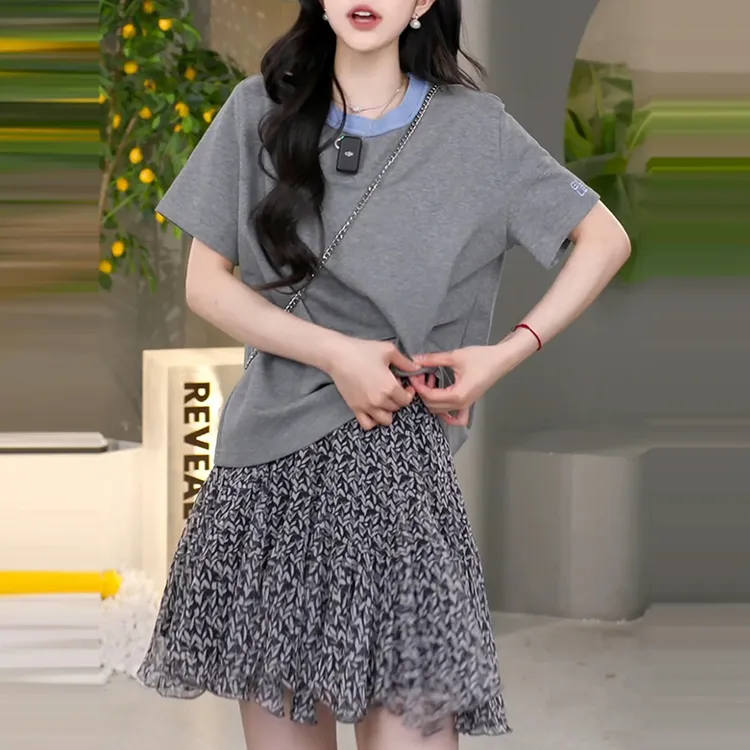 夏季新款穿搭撞色高级感简约上衣收腰设计感修身显瘦T恤通勤女装