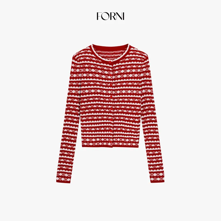 FORNI 红酒姜饼人 圣诞节日氛围感羊毛撞色提花针织开衫