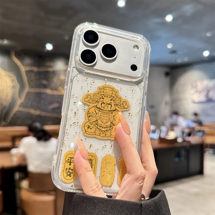 适用苹果17promax手机壳金箔平安喜乐高级感透明全包防摔小众女款