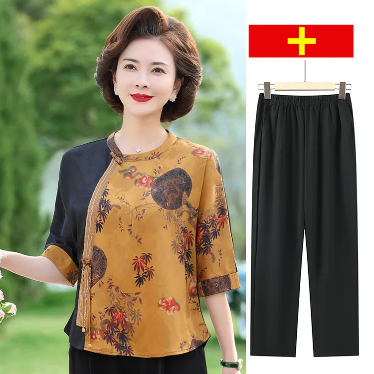 妈妈夏装短袖套装洋气阔太太两件套老人上衣奶奶装70岁中老年女装
