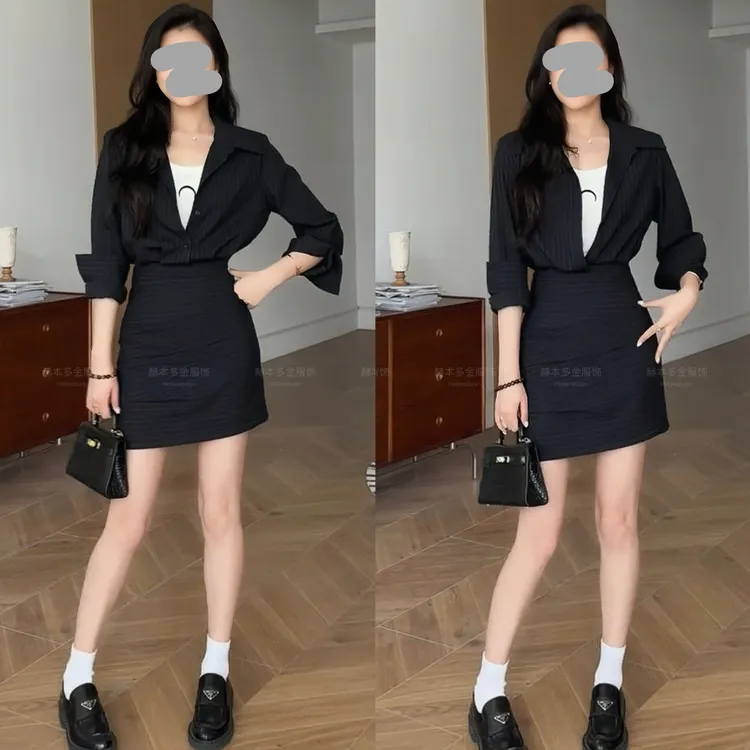 早秋新款通勤风时髦御姐条纹设计感显瘦长袖连衣裙舒适背心套装女