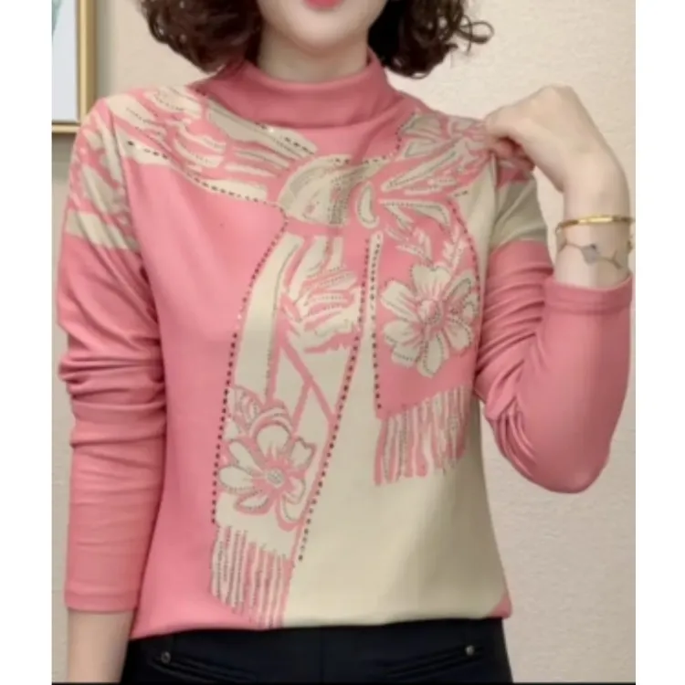 2025年秋冬新款半高领时尚印花长袖女烫钻气质百搭内搭打底上衣女