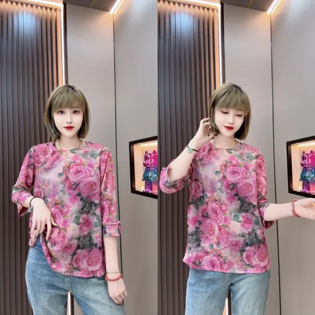 敏宝儿➕新中式气质印花夏季时尚百搭宽松上衣