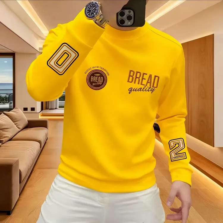 潮流轻奢男士秋冬休闲卫衣圆领印花冬季长袖时尚修身百搭上衣