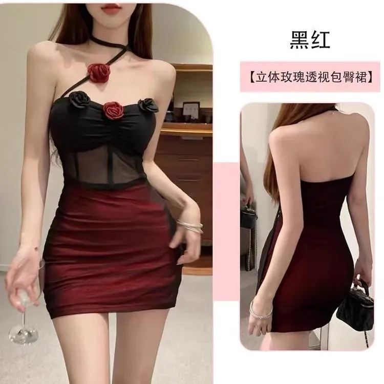 黑夜红玫瑰 网红性感透视网纱连衣裙挂脖抹胸包臀裙