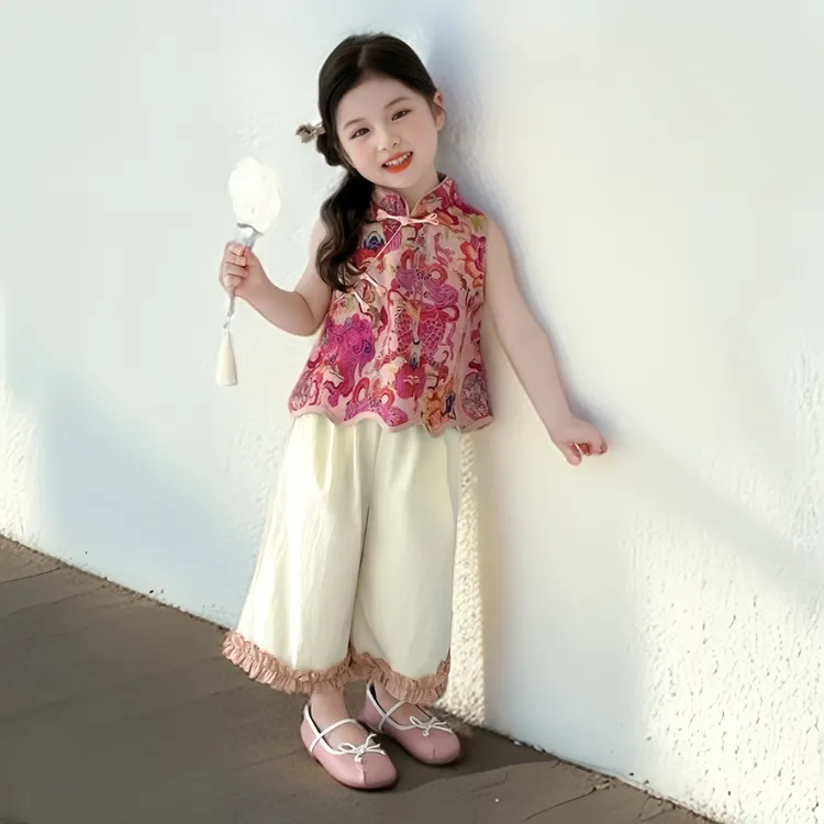 女童夏季休闲套装儿童女孩新中式国风无袖长裤宽松透气潮流两件套