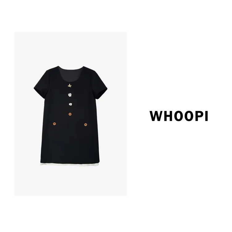【Whoopi】【夏日曼塔】重工设计款立体花朵短袖小黑裙赫本风