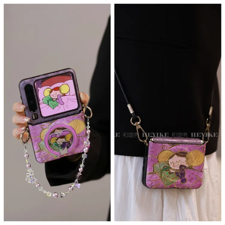 紫色抱钱女孩适用华为purax手机壳典藏版mixflip2斜挎pocket2